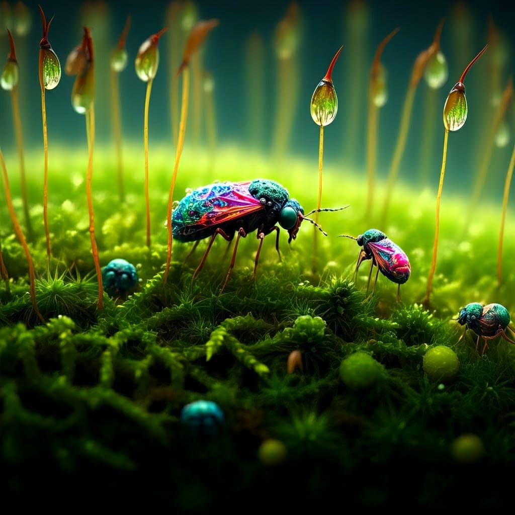 Electromacroscopic Wildlife in Emerald Moss Landscape