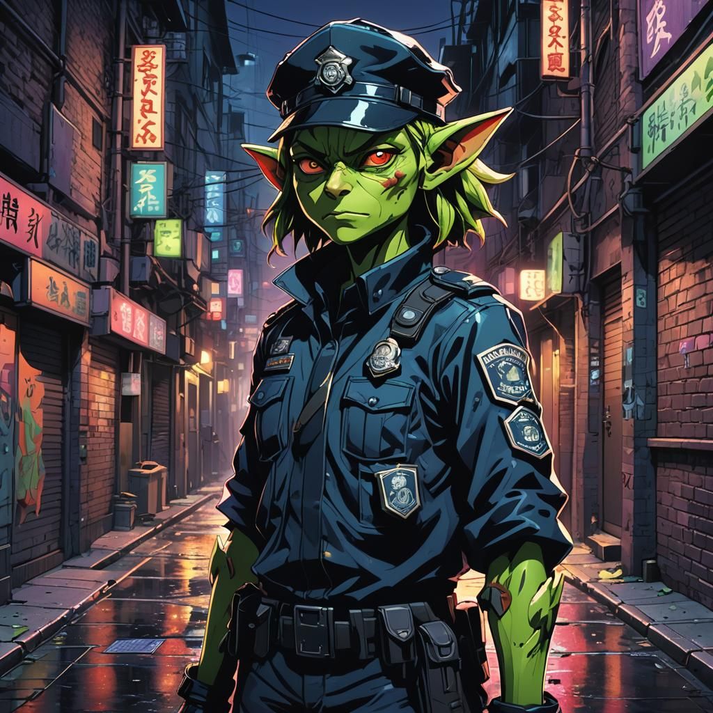 Anime Goblin Police Officer in Urban Alleyway