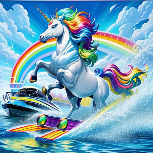 Vibrant Unicorn Water Skis Behind Speedboat in Glowing Digit...