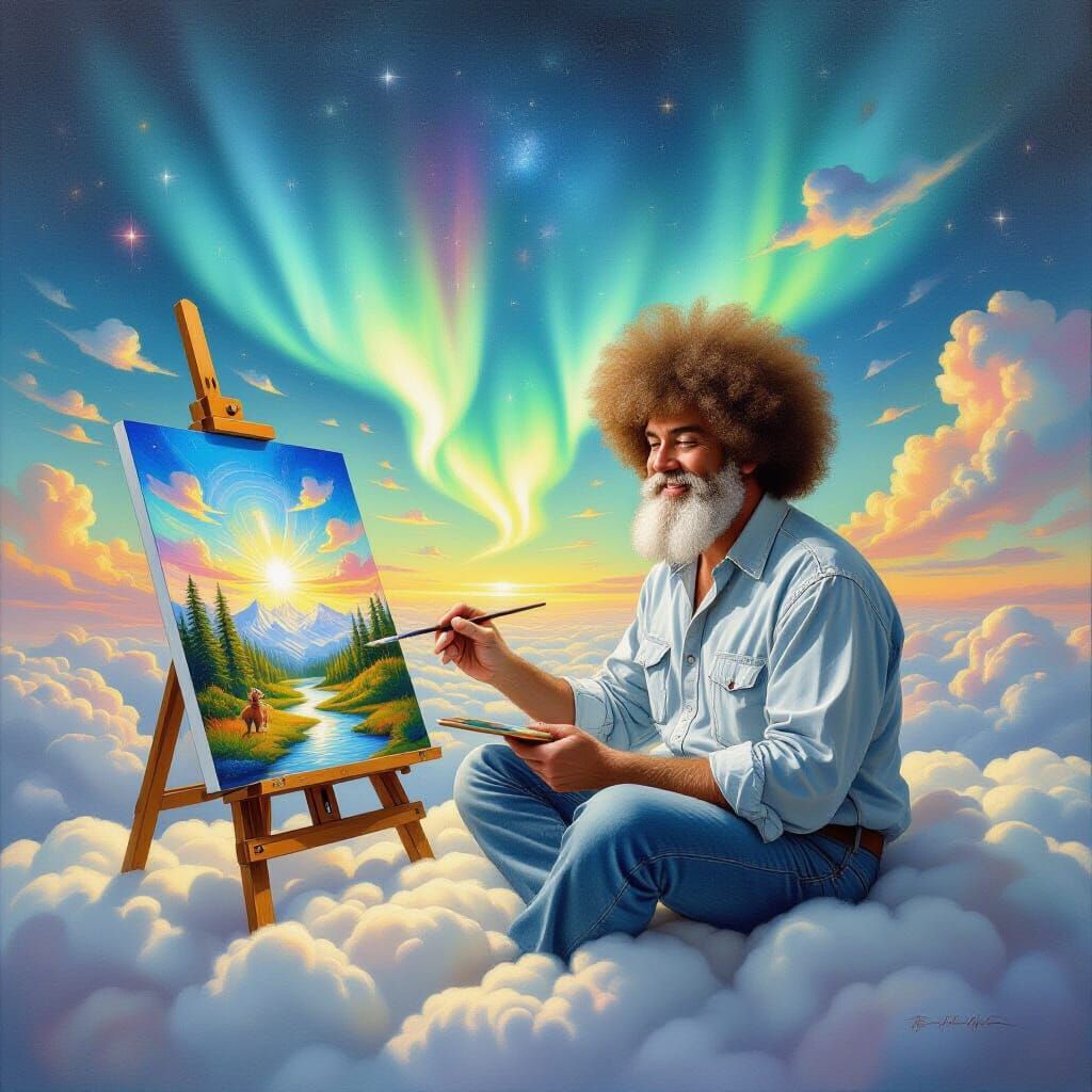 Cosmic God Watches Bob Ross Paint on Cloud Surf