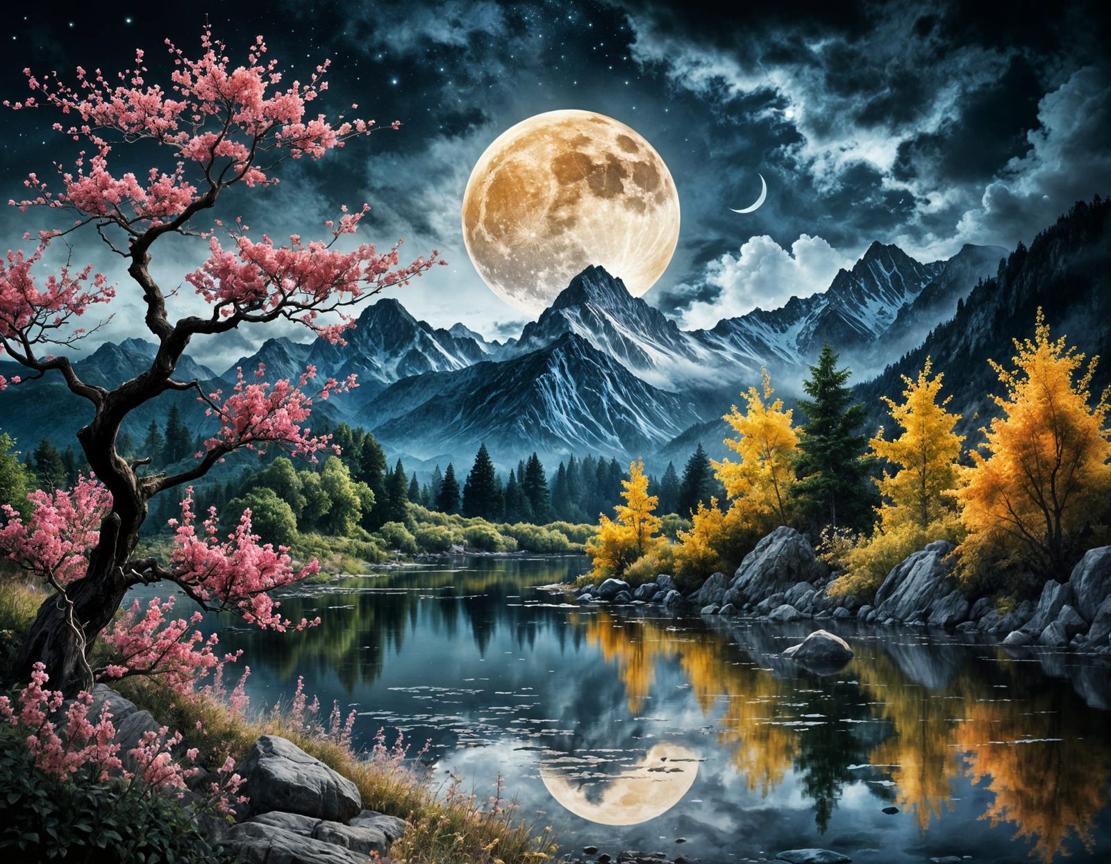 Glowing Moon Watercolour Painting with Flowers and Vines