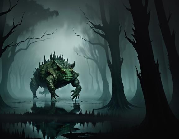 Bullywug Emerges from Misty Swamp in Dark Fantasy