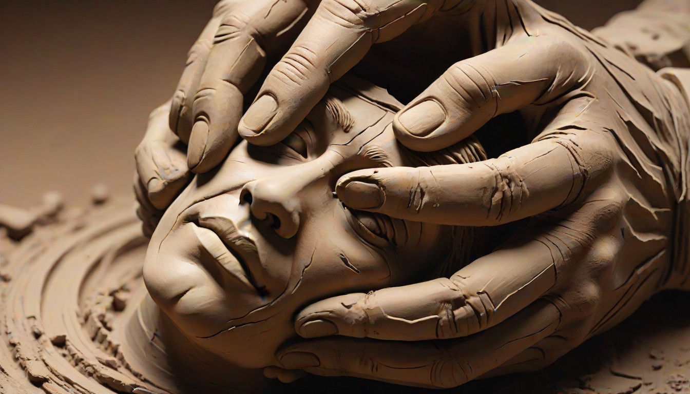 Artist's Hands Model a Face in Earthy Clay Tone