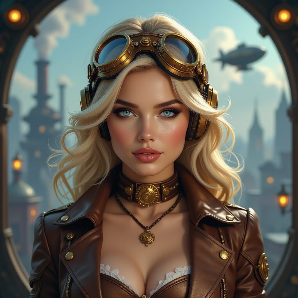 Steampunk Beauty in Dreamlike Cityscape, Hyper-Realistic Por...
