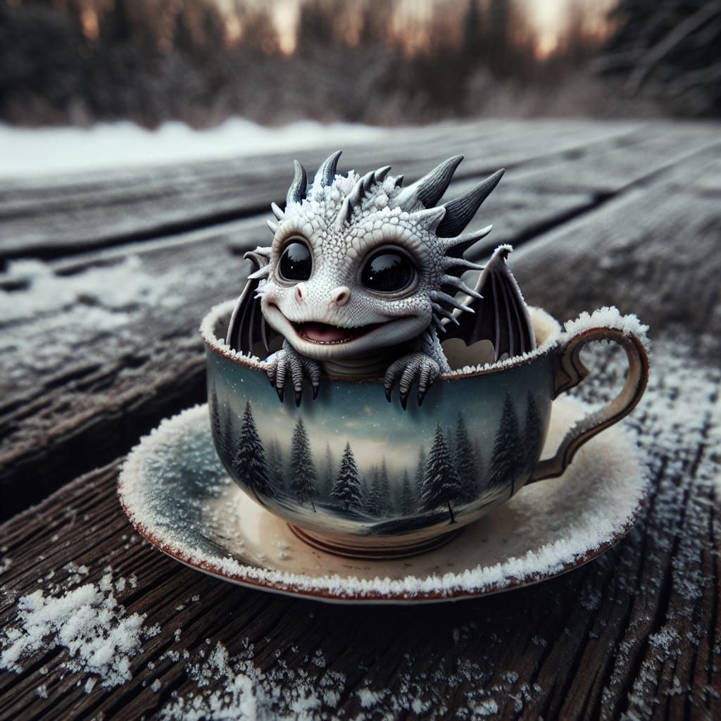 Adorable Baby Dragon in Winter Teacup Scene