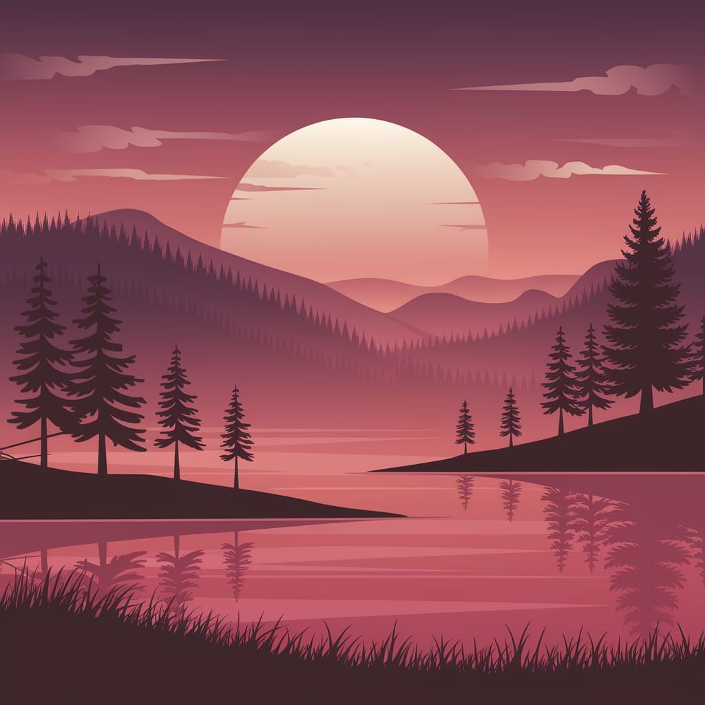 Tranquil Vermilion Dawn Landscape in Romanticism Style