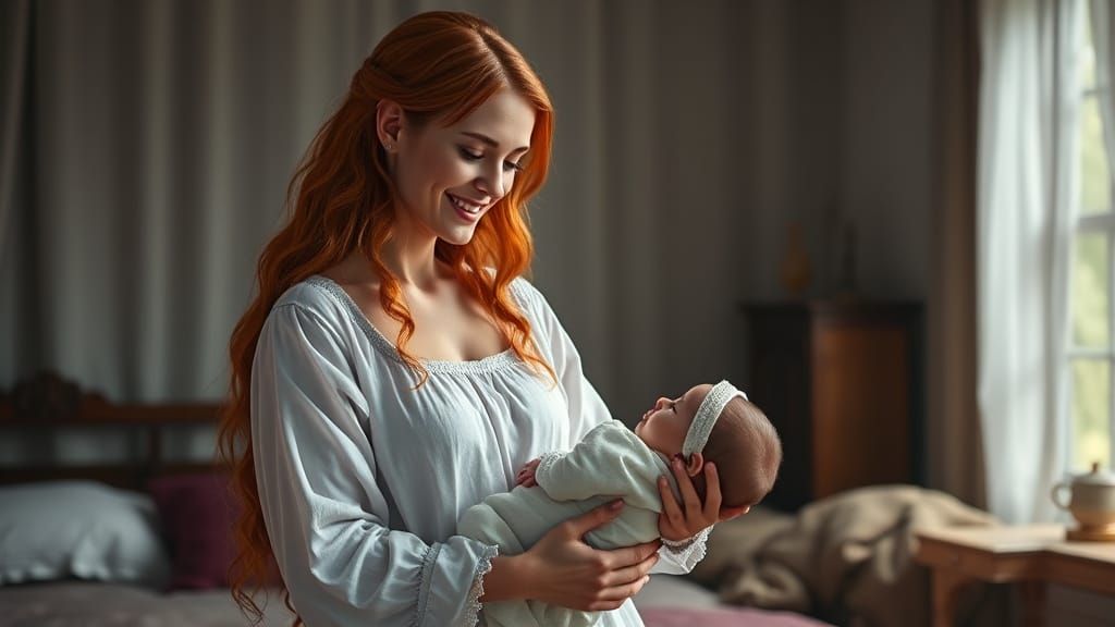 Medieval Fantasy Mother Adoring Her Baby in a Dreamy Bedroom