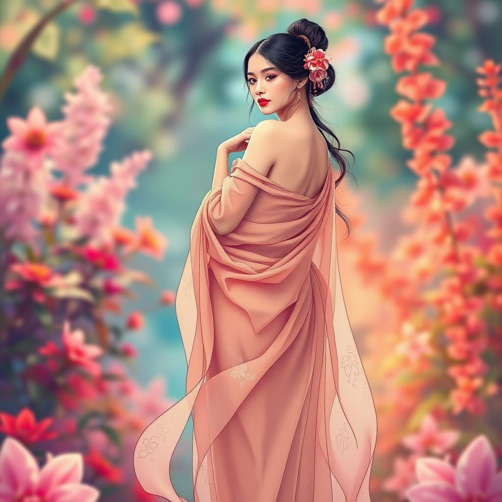 Exotic Muse in Dreamlike Garden: Sumi-e Style