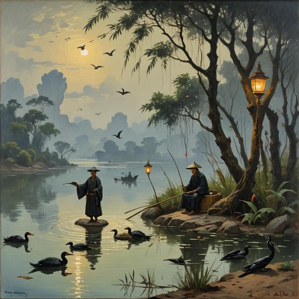 Chinese Fisherman with Cormorants in Monsoon, Oil Painting