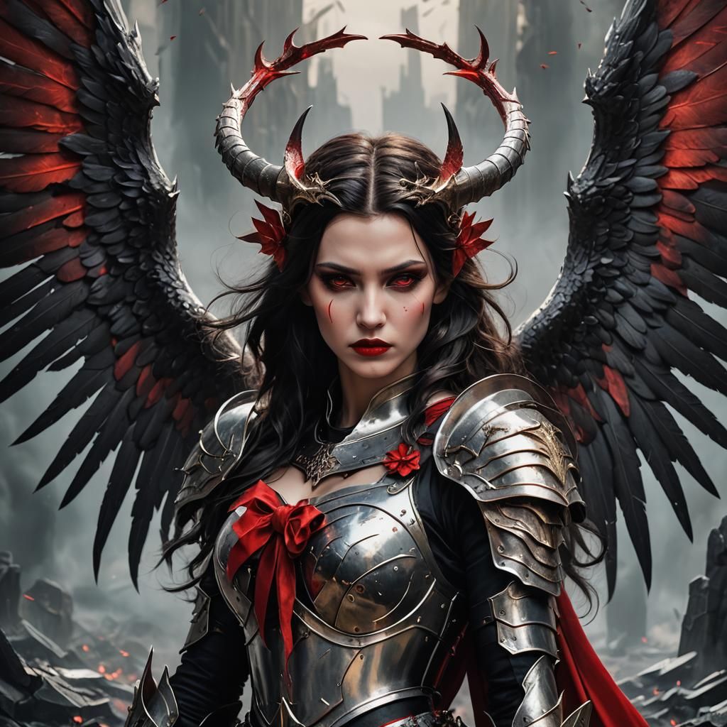 Beautiful Erinyes with Bow in Demonic Hellscape