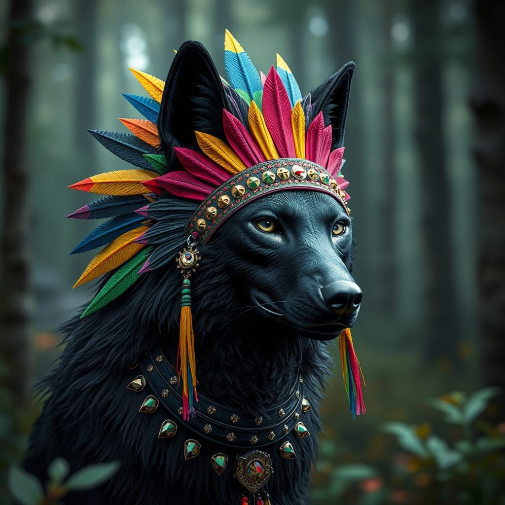 Wolf with Rainbow Headdress in Fantasy Forest