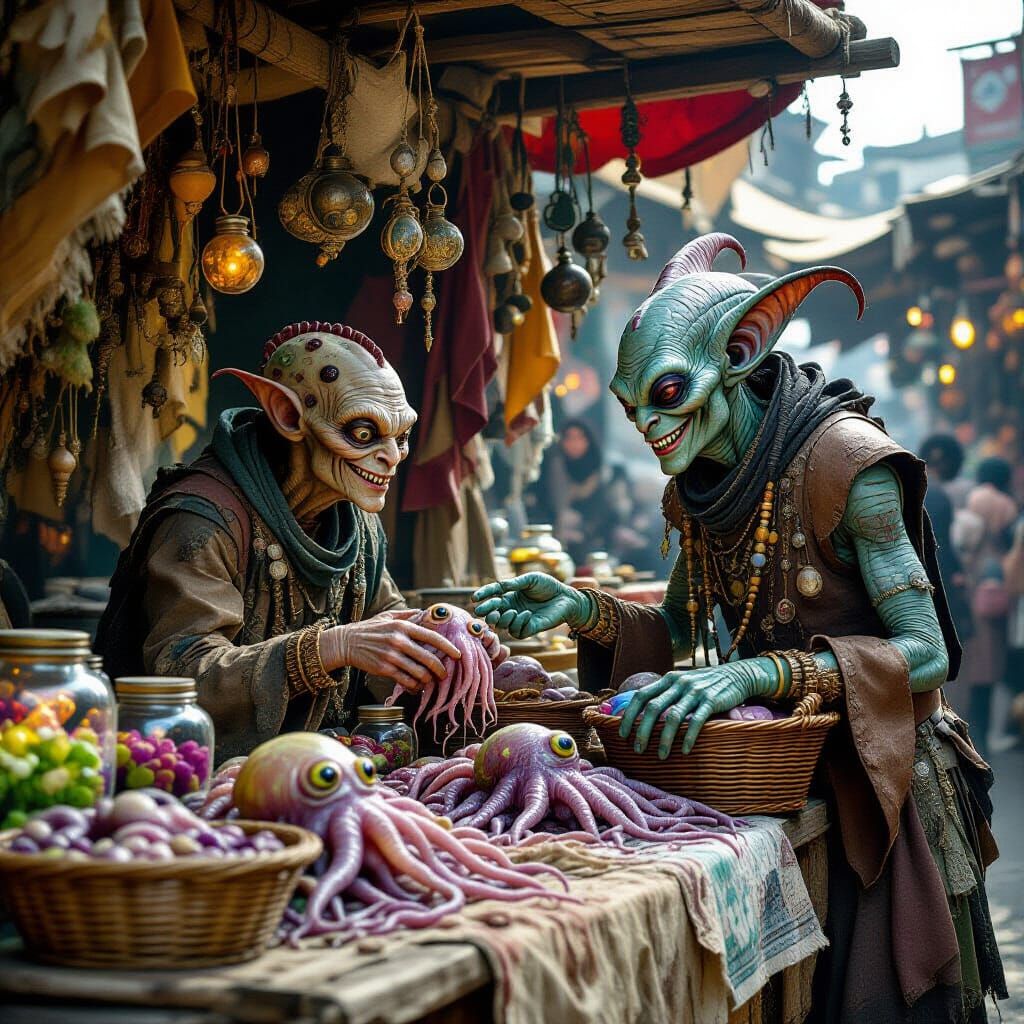 Surreal Alien Marketplace Transaction in Sci-Fi Bazaar
