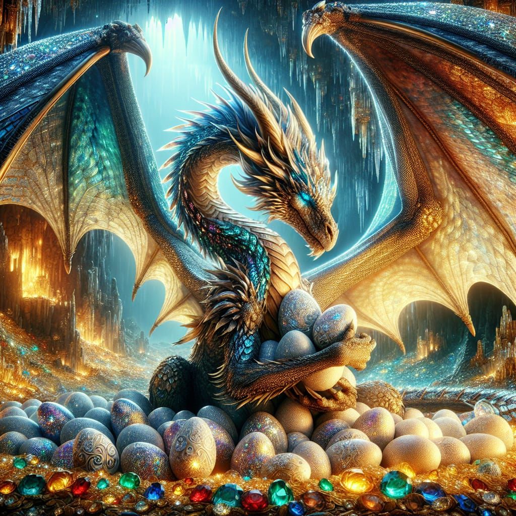 Majestic Dragon Mother Protecting Her Sparkling Eggs