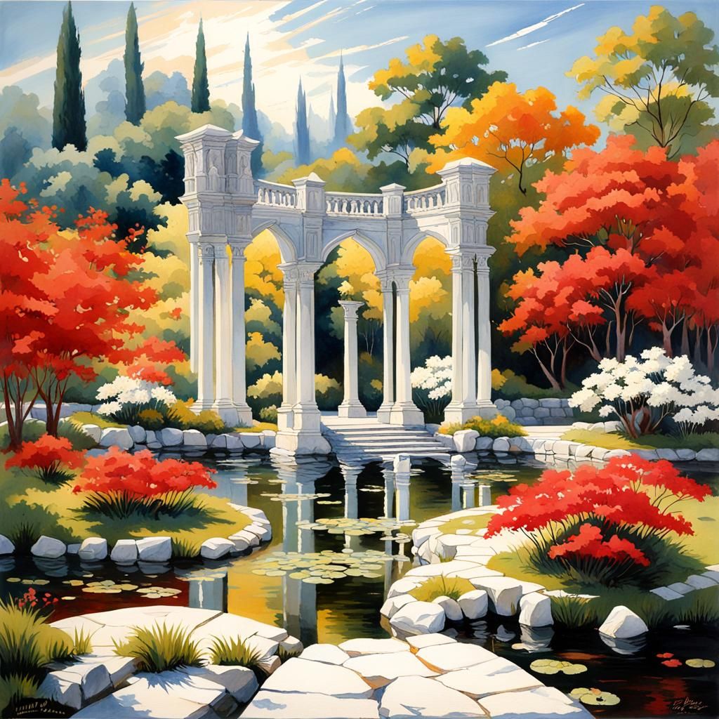 High Gothic Garden With Red Maples, Gouache Style