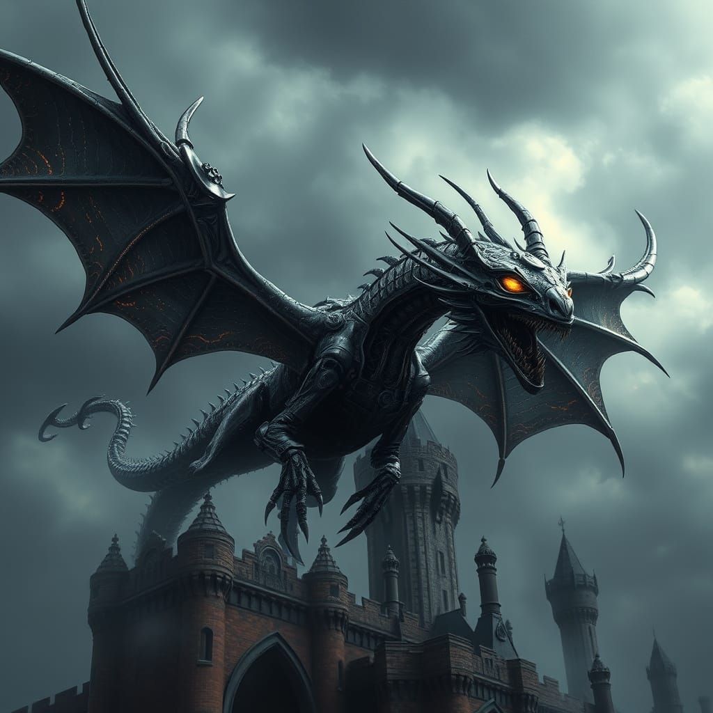 Cyborg Dragon Soars Through Stormy Gothic Sky
