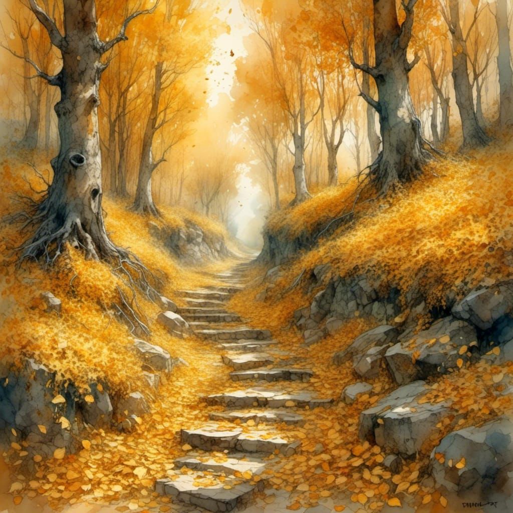 Autumnal Forest Path in Digital Painting Style
