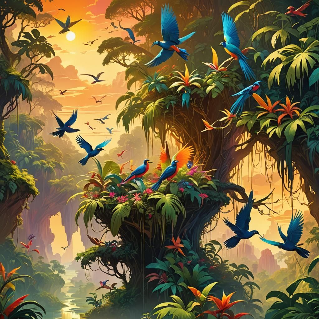Exotic Birds in Paradise Sunset: Fantasy Concept Art