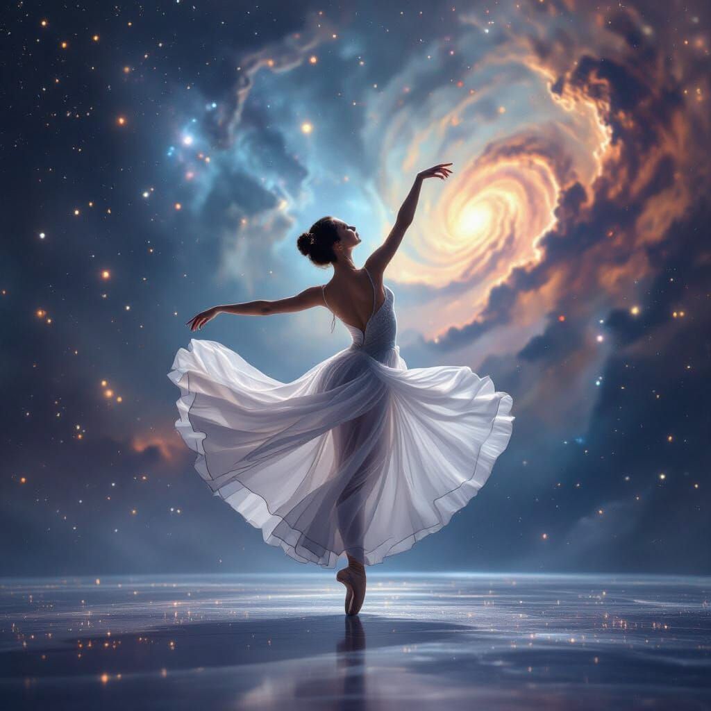 Ballet Dancer on Celestial Stage in Cosmic Nebula