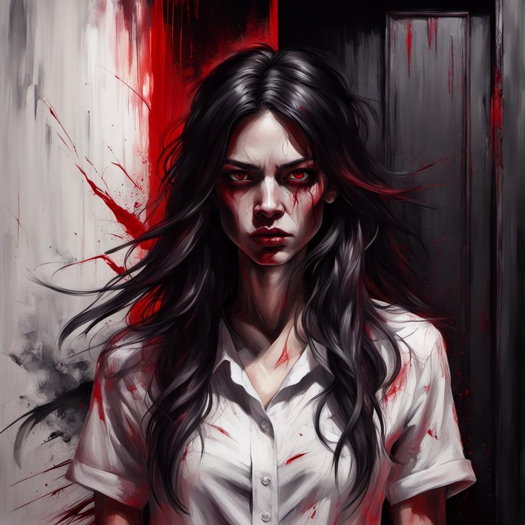 Realistic Female Demon Portrait in Mixed Media Style