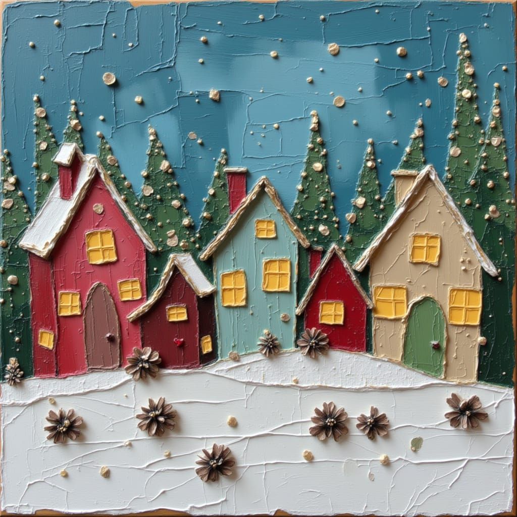 Naive Christmas Village Folk Art Painting