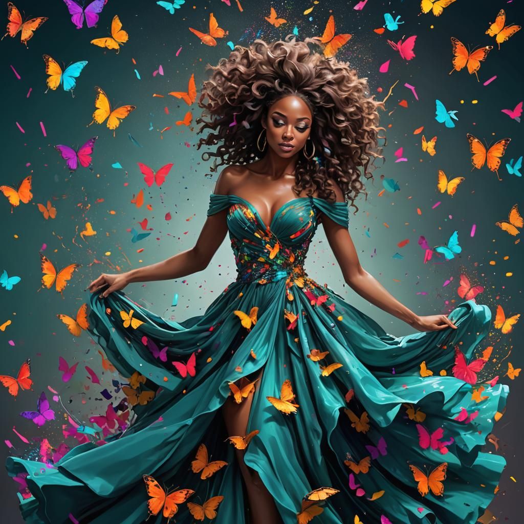 African-American Woman in Gown with Butterfly Splashes