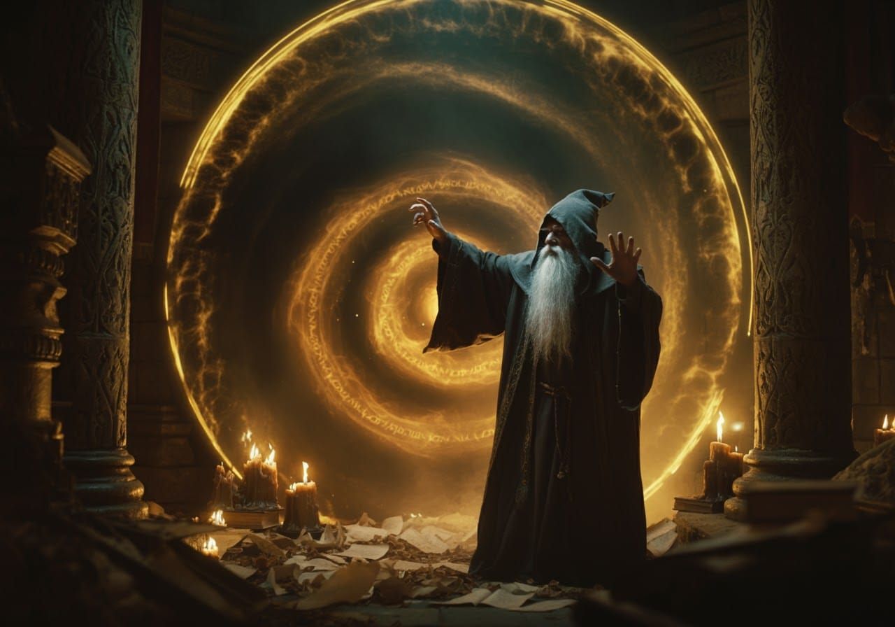 Mystical Wizard Opens a Portal in Crypt