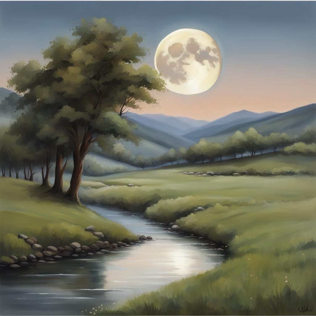 Moonlit Pastoral Valley Stream in Realism