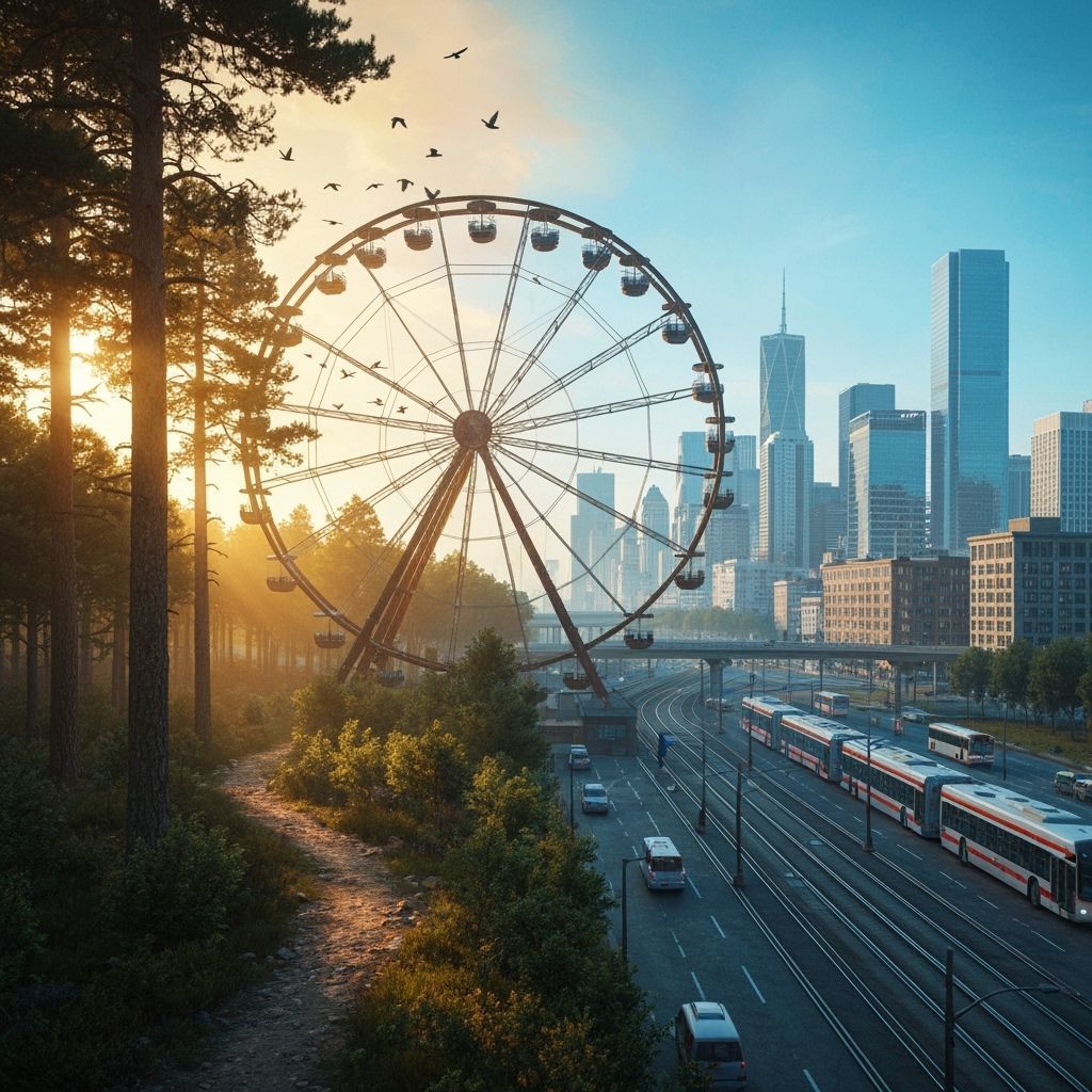 Ferris Wheel Divides Cityscape and Forest in Surreal Realism