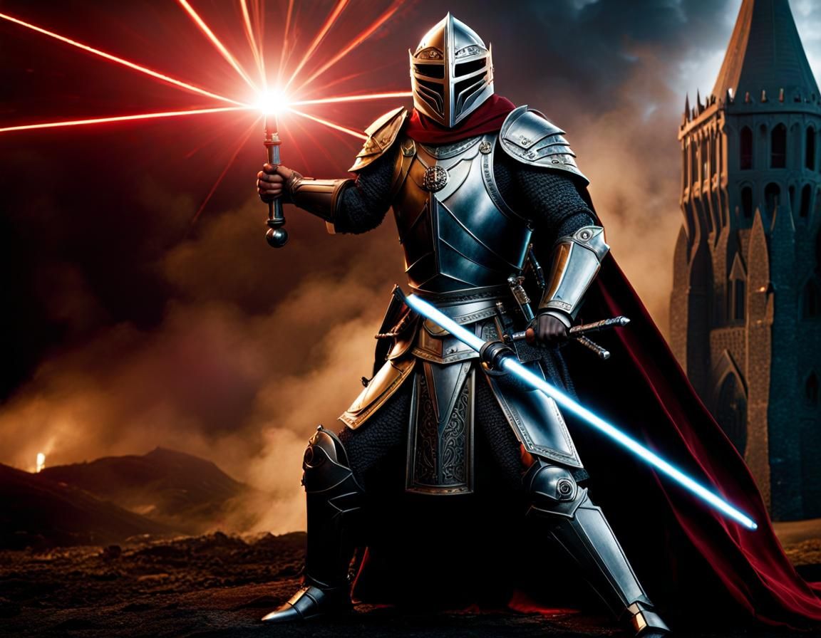 Knight with Laser Sword Battles Robot: Dark Fantasy Art