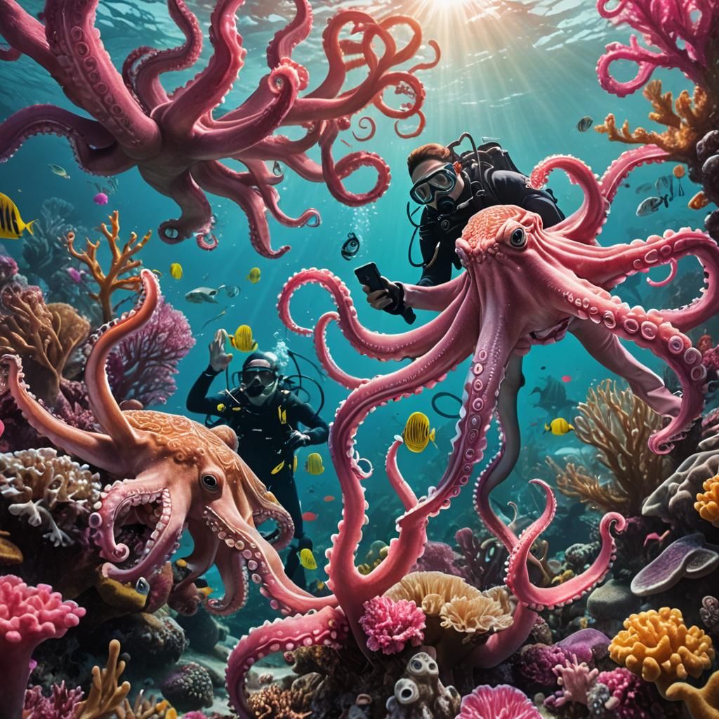 Underwater Dance: Octopus, Shark, and Coral Reef Selfie