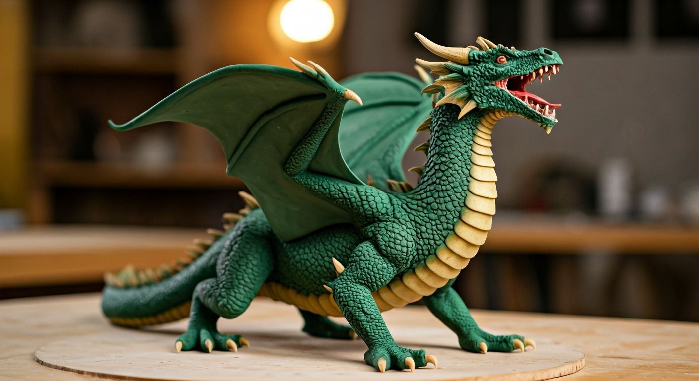 Green and Yellow Clay Dragon Sculpture