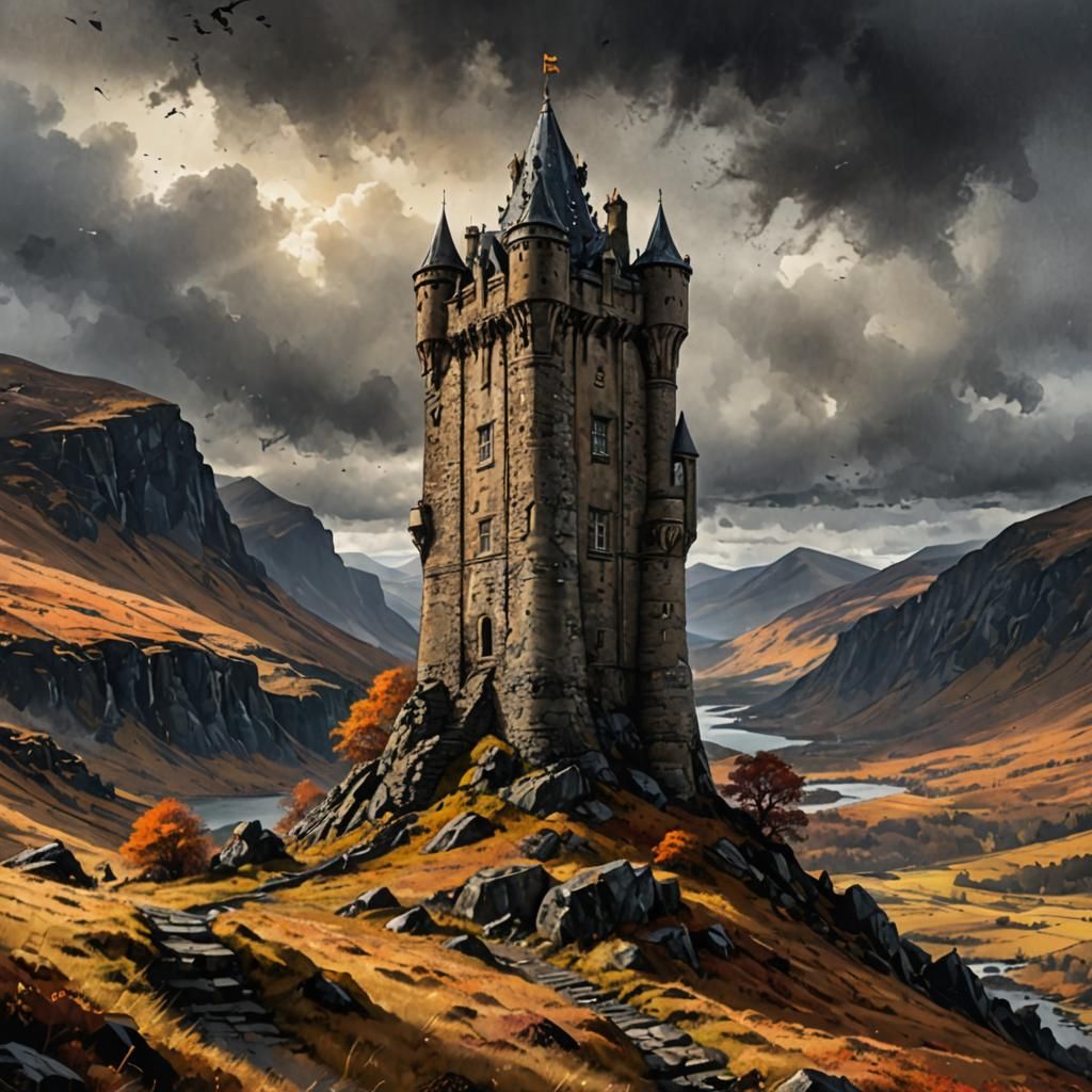 Scottish Highlands Tower: Detailed Matte Painting