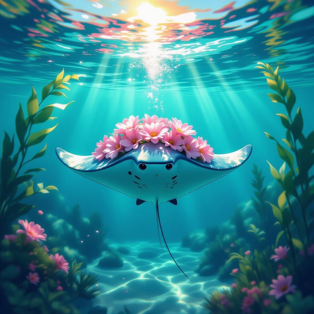 Stingray With Blooming Flowers in Golden Hour Light