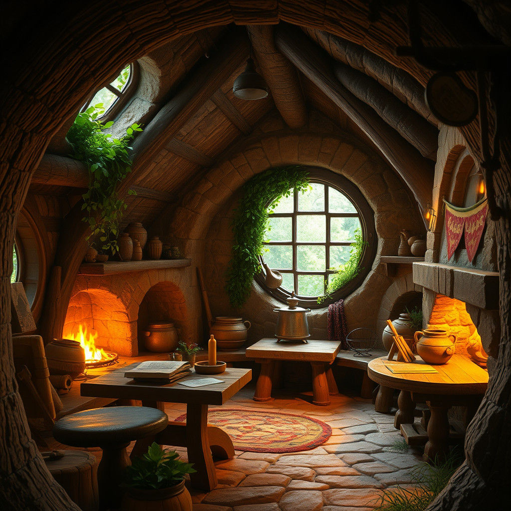 Warmly Lit Rustic Hobbit Kitchen, as Matte Painting