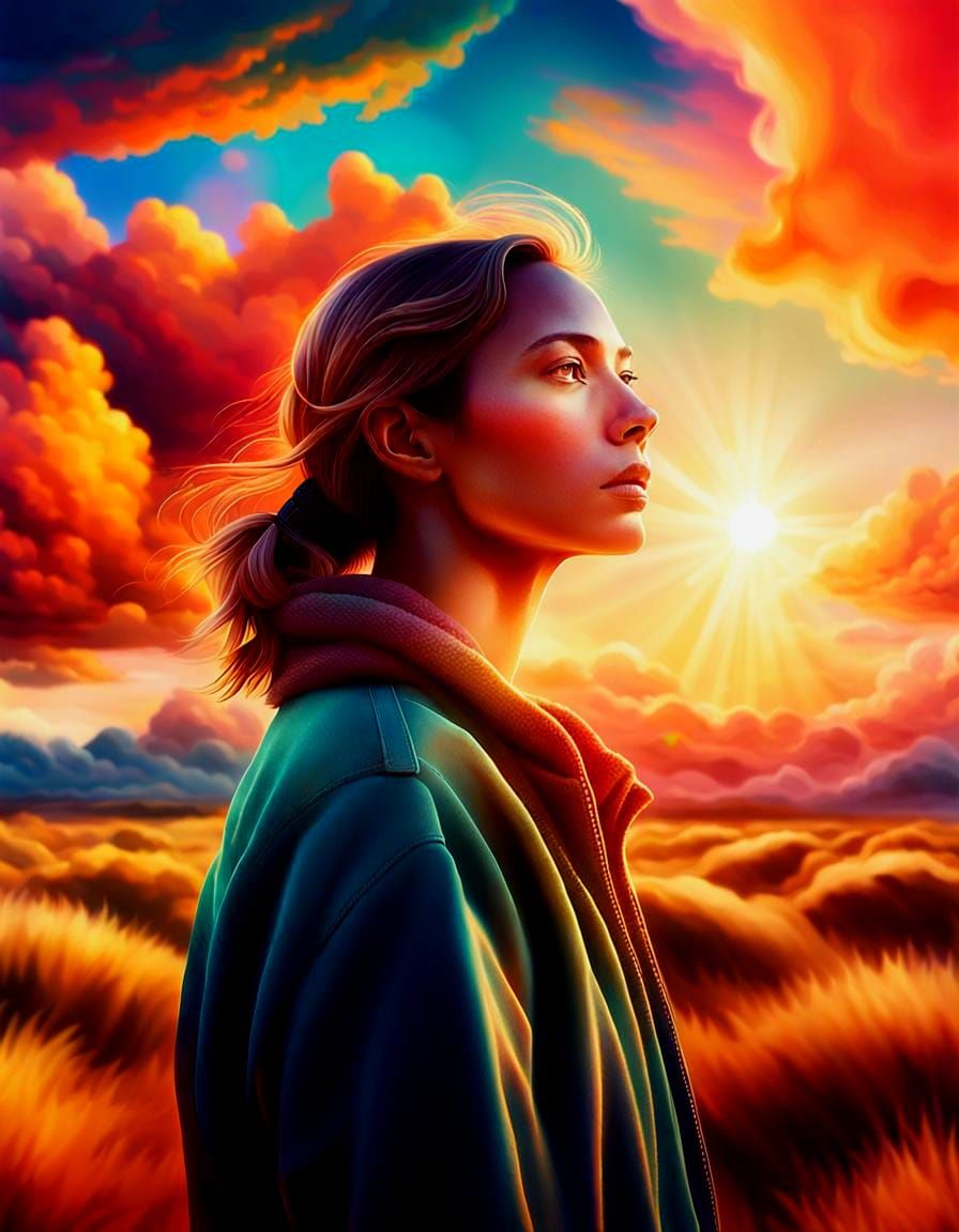 Hyperrealistic Woman in Colorful Sky