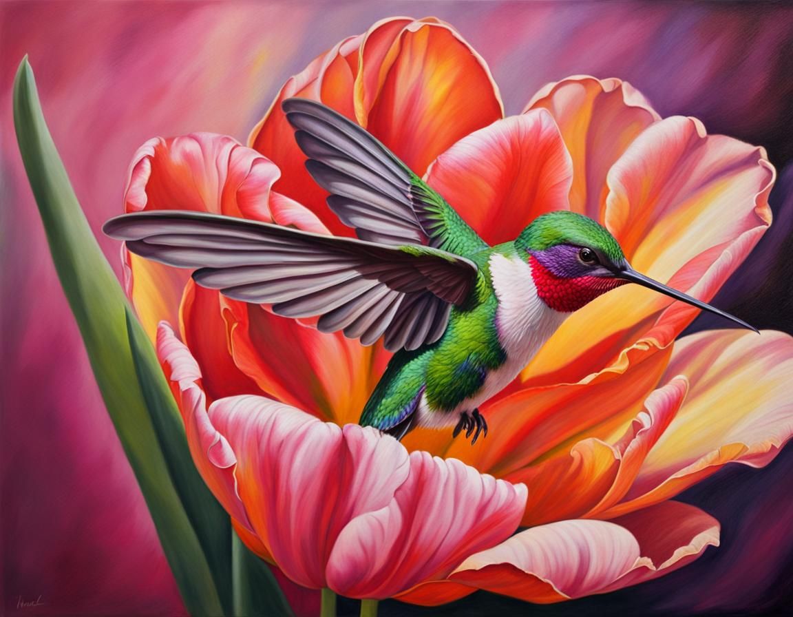 Hyperrealism Hummingbird Visiting Tulip