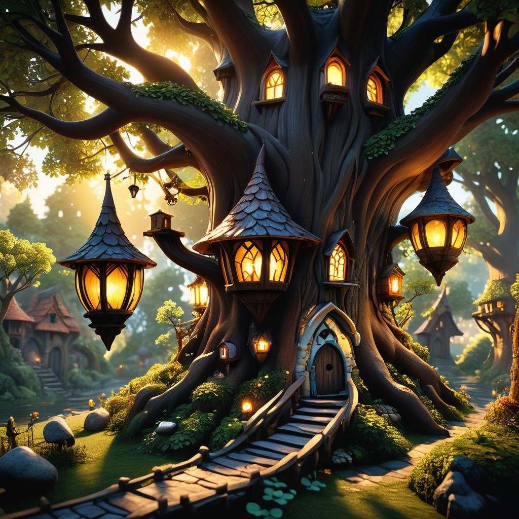 Enchanted Fairy Village in Giant Tree, 3D Render