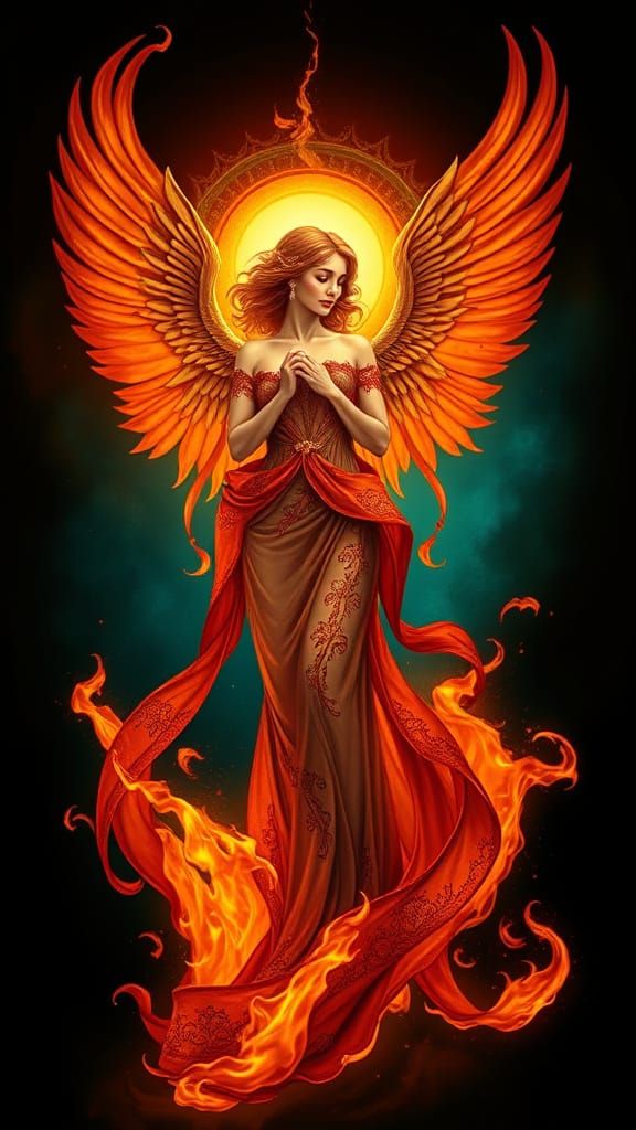 Majestic Winged Figure in Golden Flames