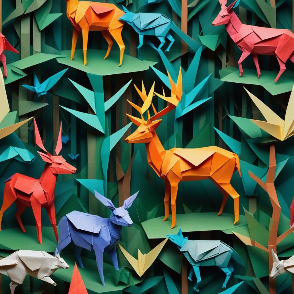 Origami Forest with Animals and Dappled Sunlight