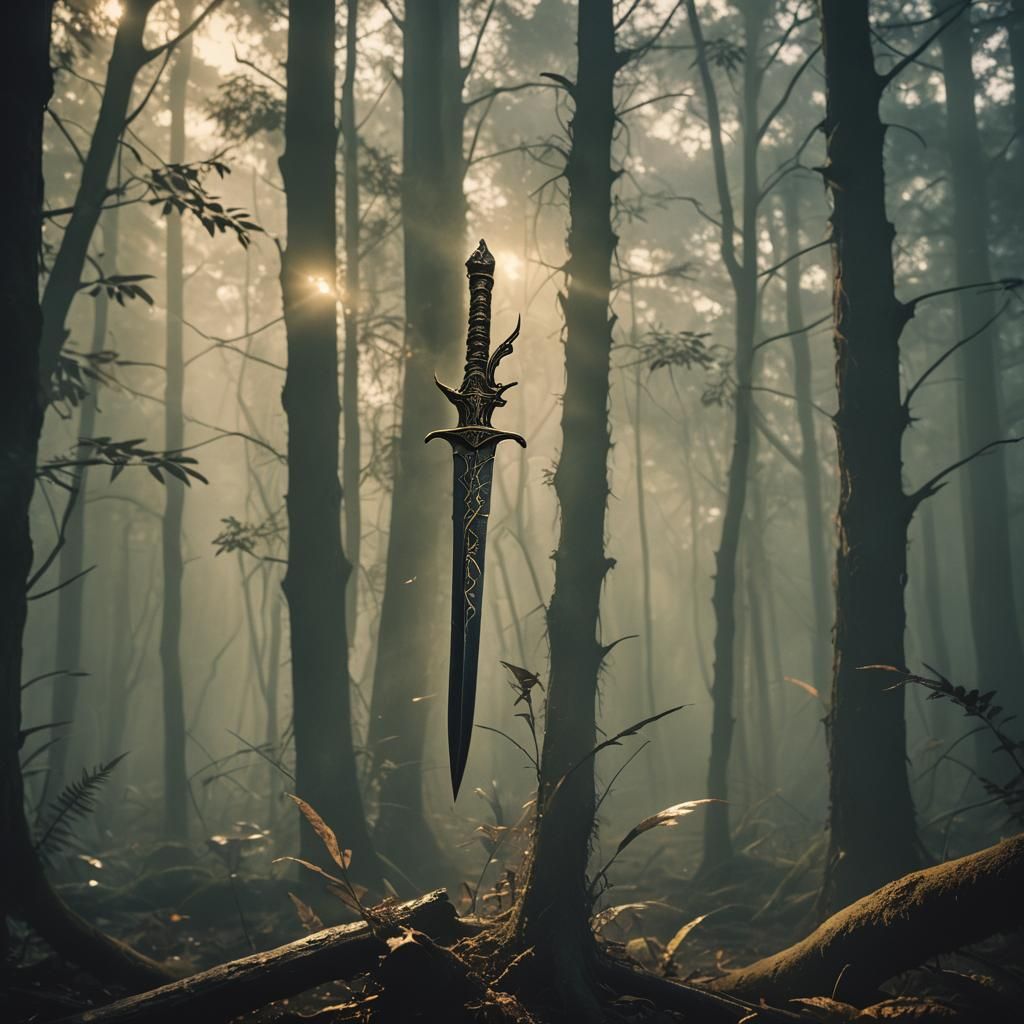 Mystical Dagger in Dark Forest with Smoke