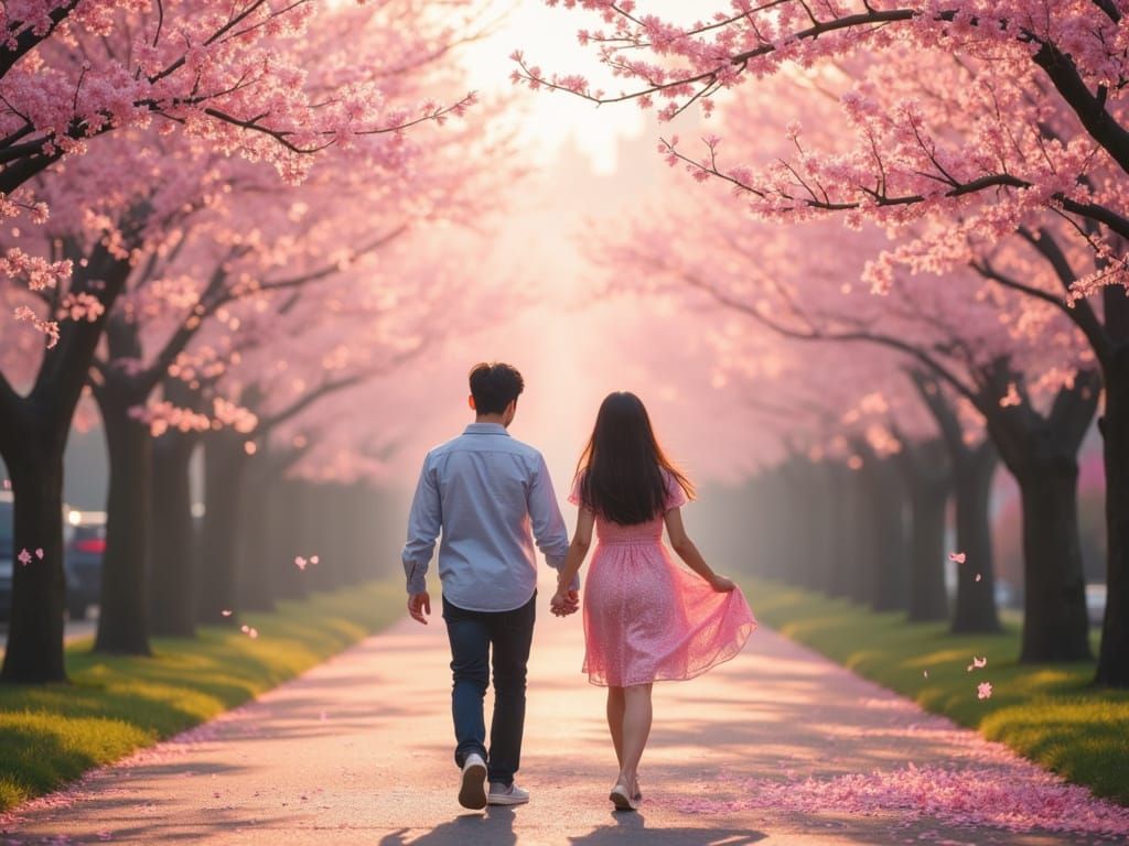 Serene Cherry Blossom Avenue in Gentle Afternoon Light