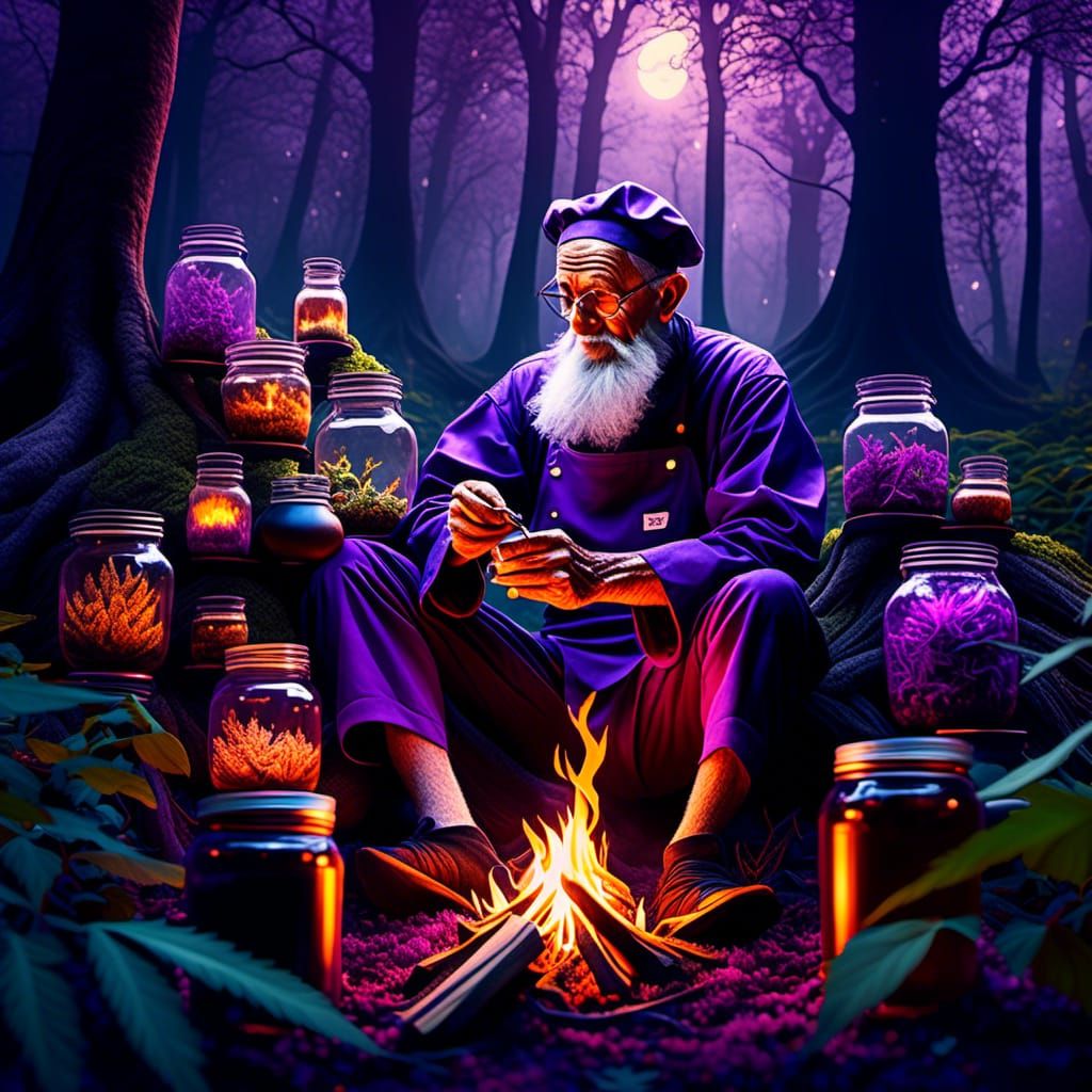Magical Chef in Purple Weed Forest, Hyperreal Art