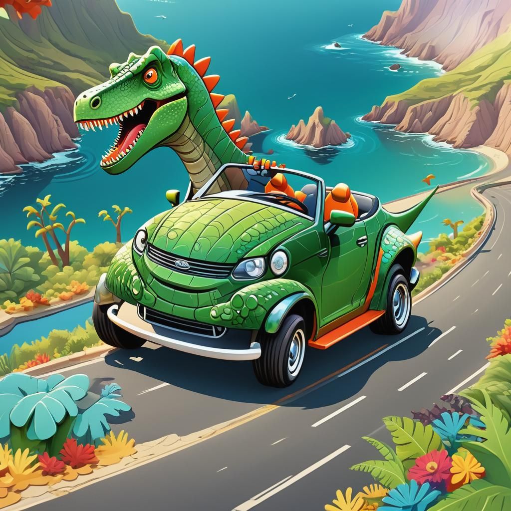 Cartoon Dinosaur Drives Convertible, Abstract Vector Art