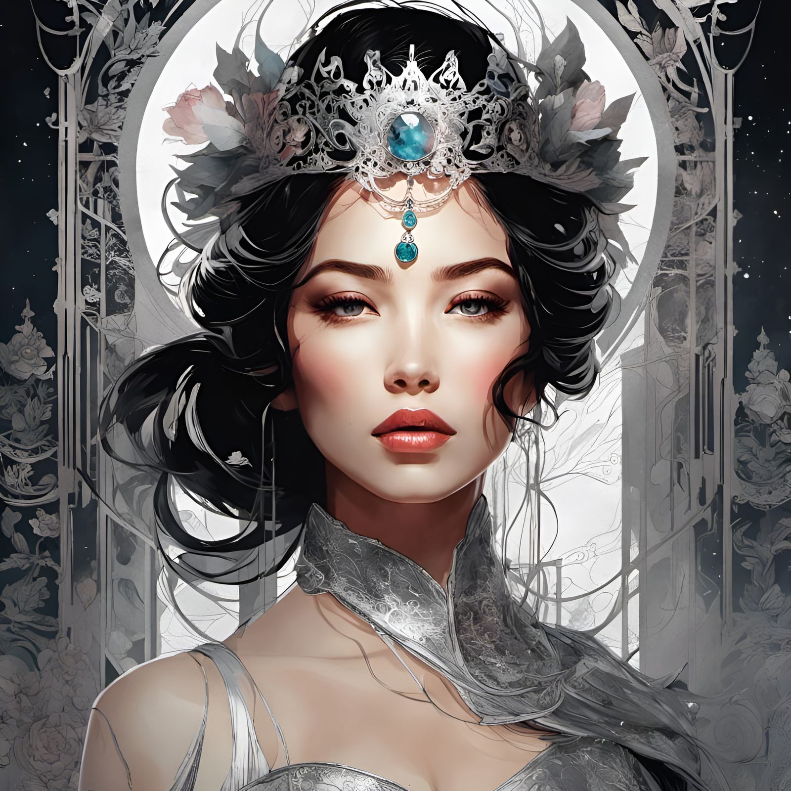 Princess Belle Portrait with Silver Filigree, Digital Art