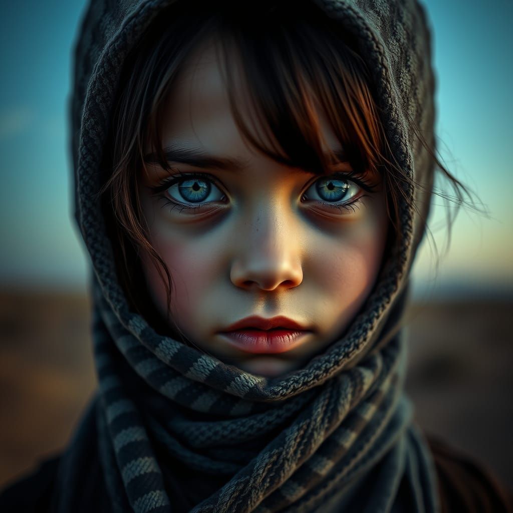 Mysterious Desert Girl with Blue Eyes, Photorealistic Portra...