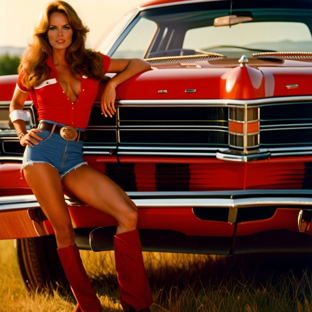 Daisy Duke (Catherine Bach) Dukes of Hazard leaning on The General Lee