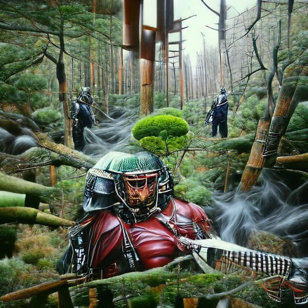 Sci-Fi Samurai in Japanese Forest: Hyperrealistic Art