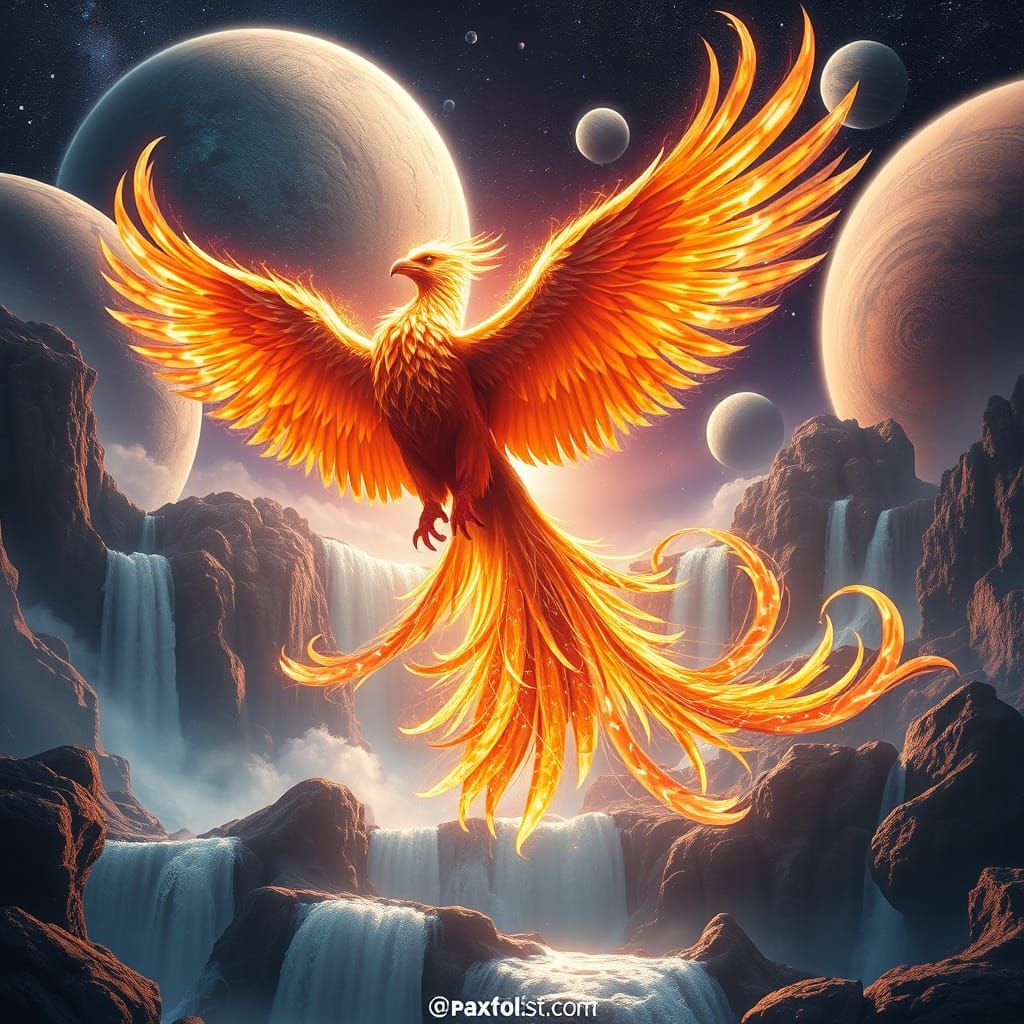 Cosmic Phoenix Rising from Waterfall: Matte Painting