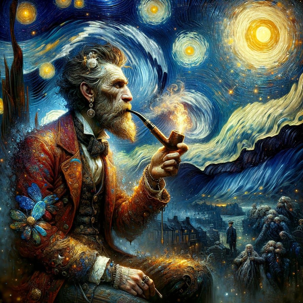 Victorian Man in Starry Night Oil Painting