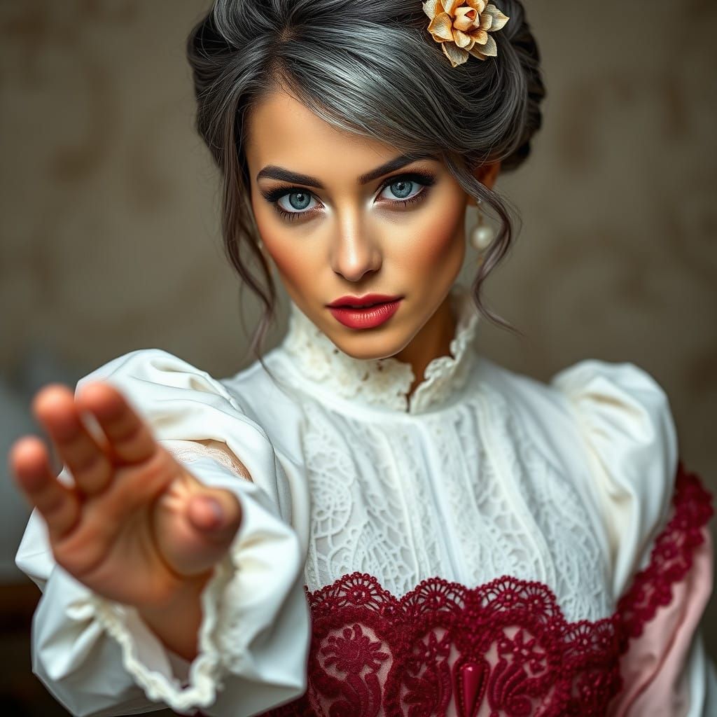 Elegant Woman in High-End Fashion, Adorned with Golden Flowe...